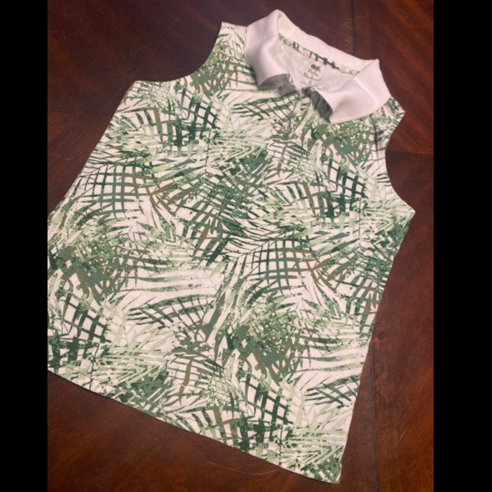 Sleeveless Green Palm-Print Polo Blouse